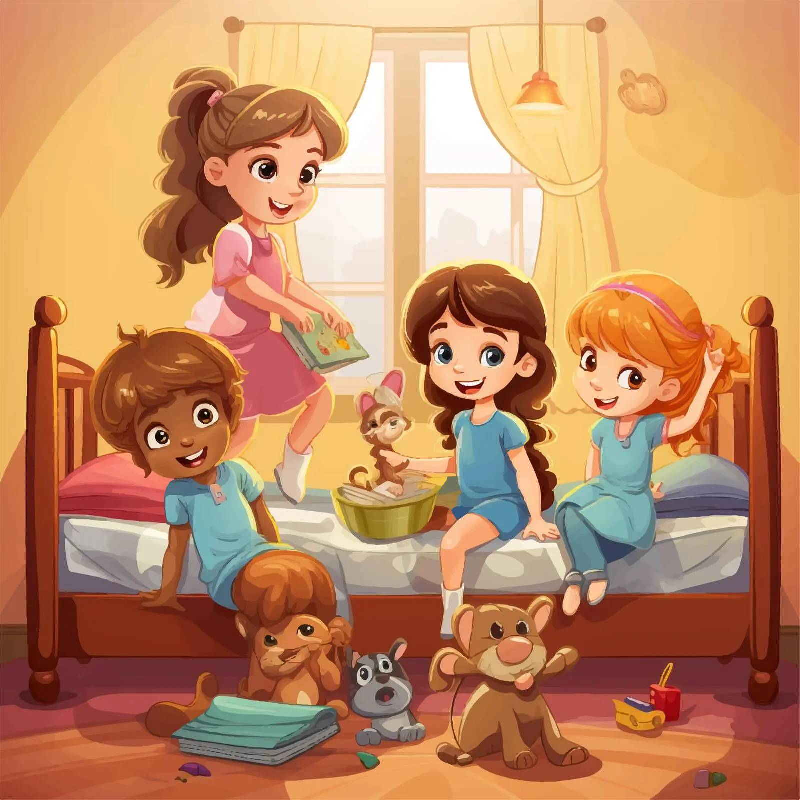 Five Girls Playing in Bedroom Illustration — free download from Dotvec