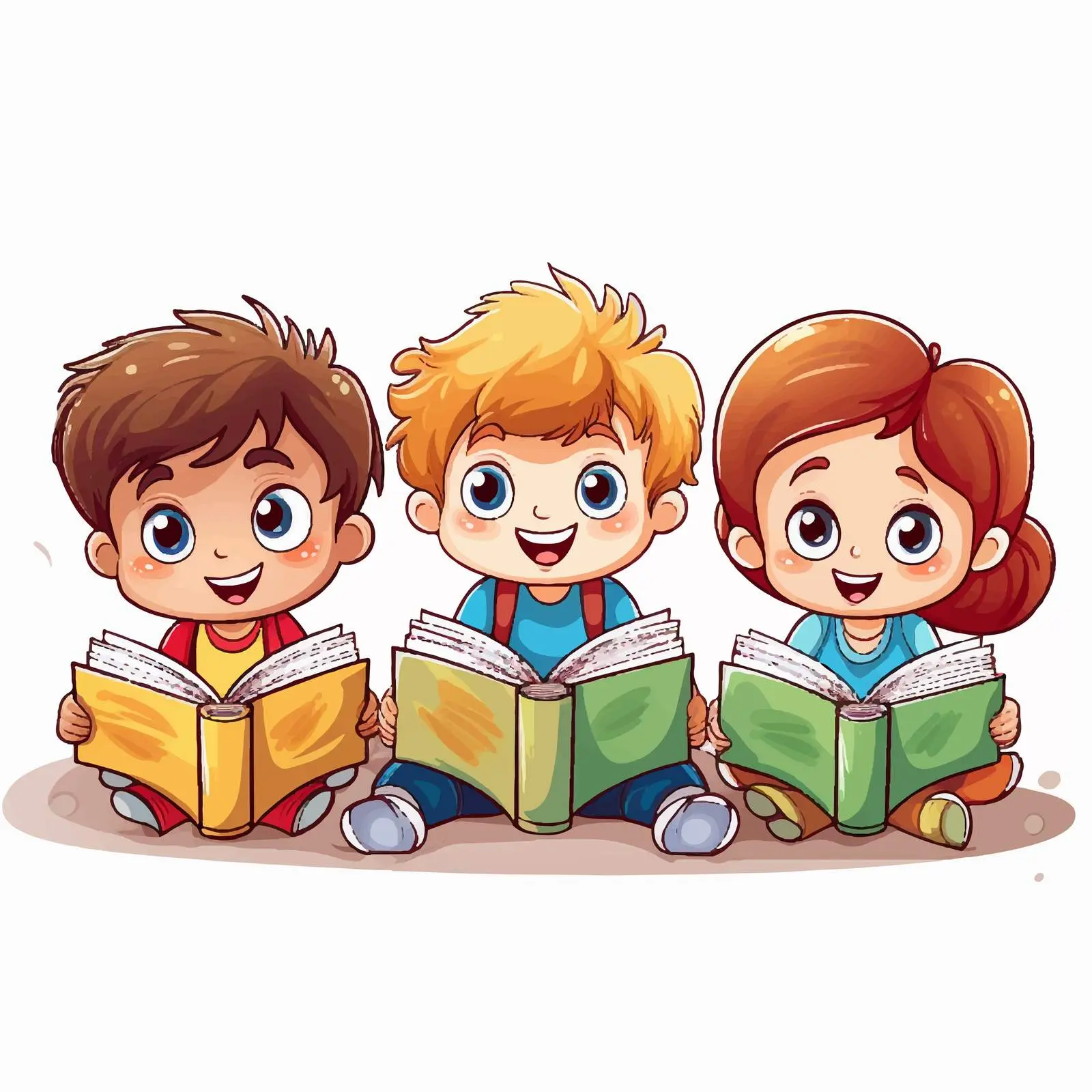 Happy Children Reading Colorful Books Vector Art – free young reader image from Dotvec
