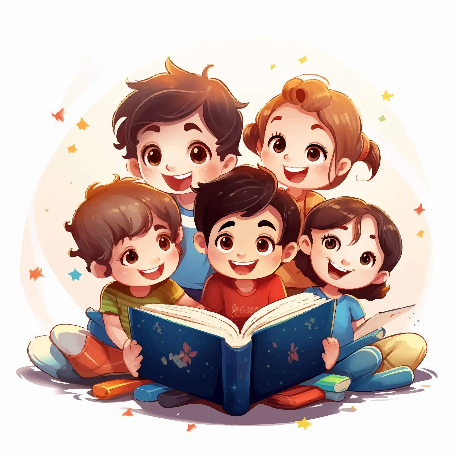 Five Kids Enjoying Colorful Books Illustration — free download from Dotvec