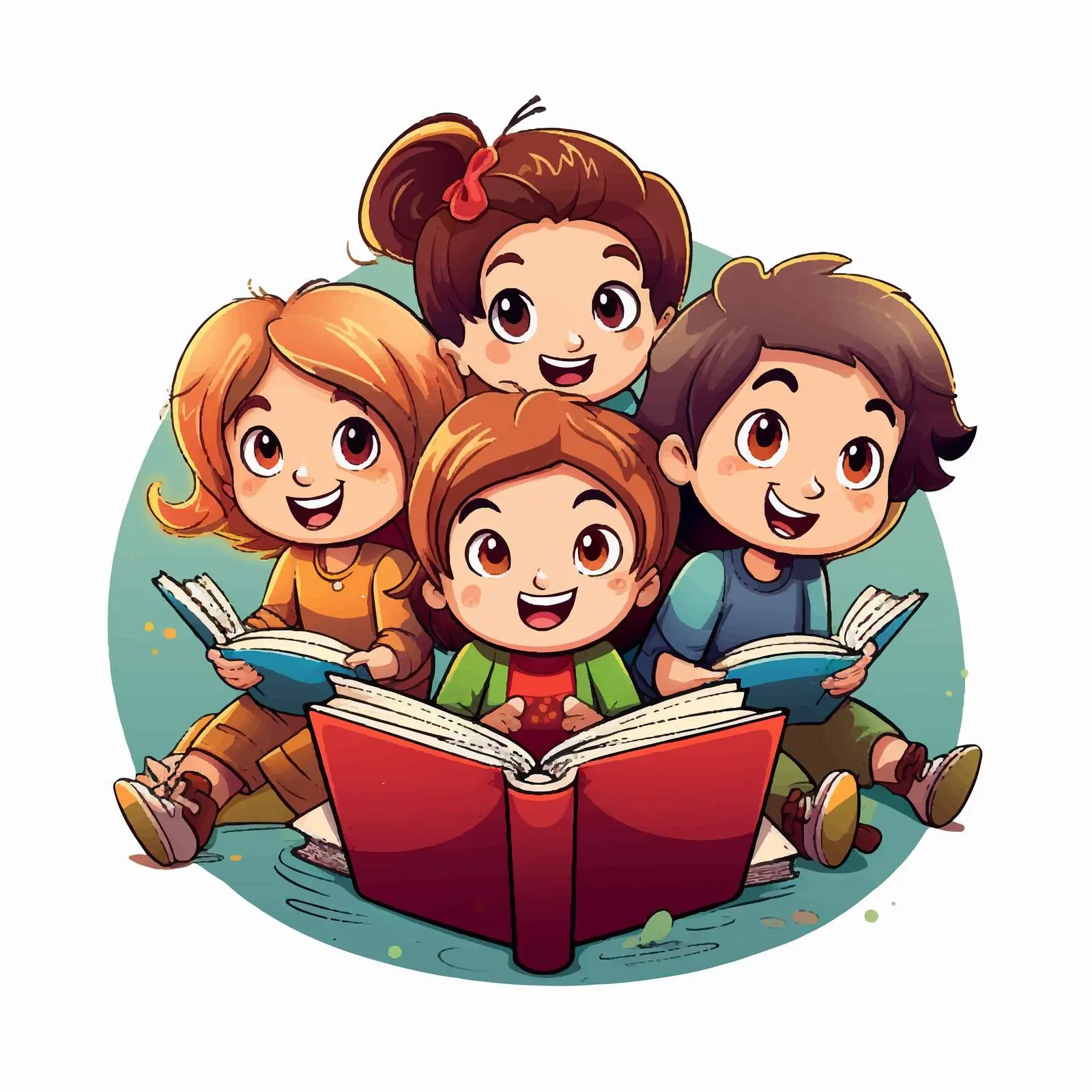 Five Kids Reading Colorful Books Illustration – free intellectual image from Dotvec