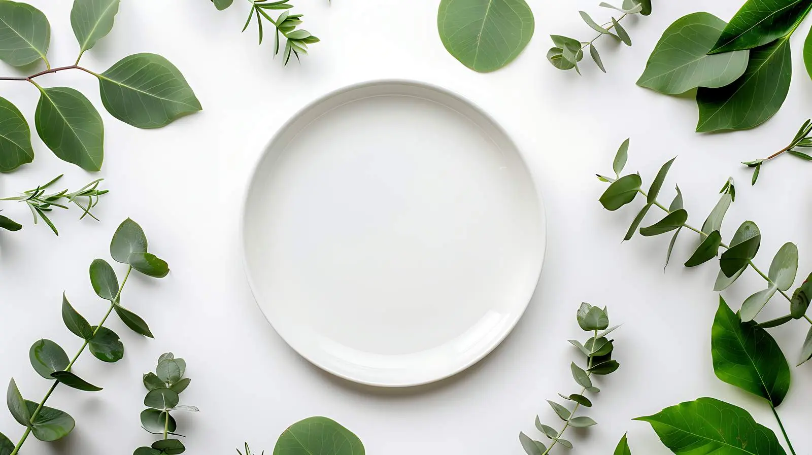 Eucalyptus Border Frame with Plate Flat Lay – free natural materials image from Dotvec