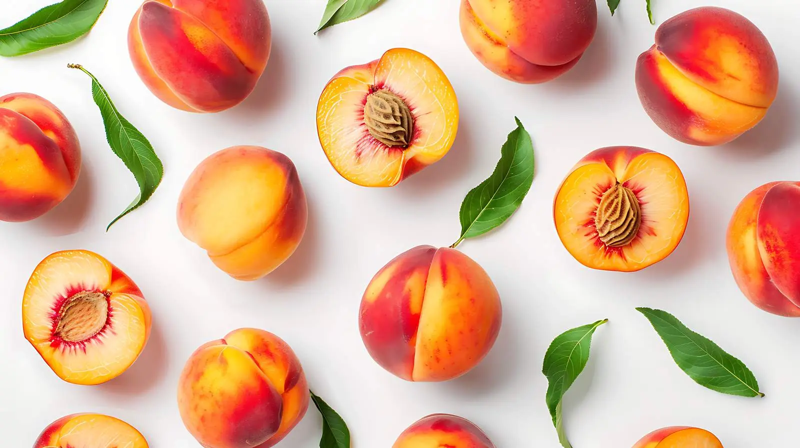 Ripe Peaches Flat Lay on Green Background – free snacks image from Dotvec