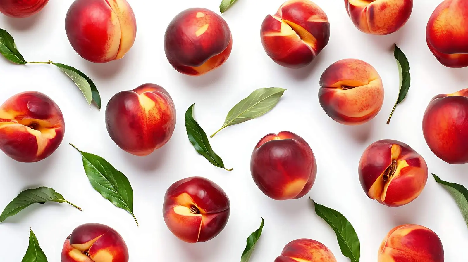 Ripe Peaches Flat Lay on Green Background – free culture image from Dotvec