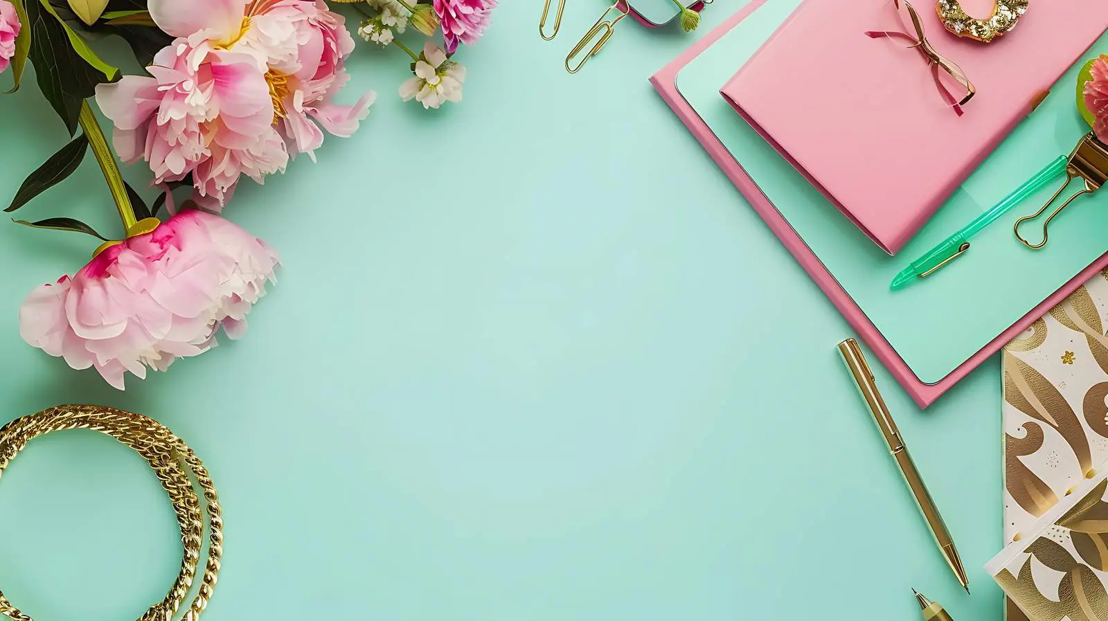 Stylish Female Workspace with Laptop and Pink Decor – free coffee image from Dotvec