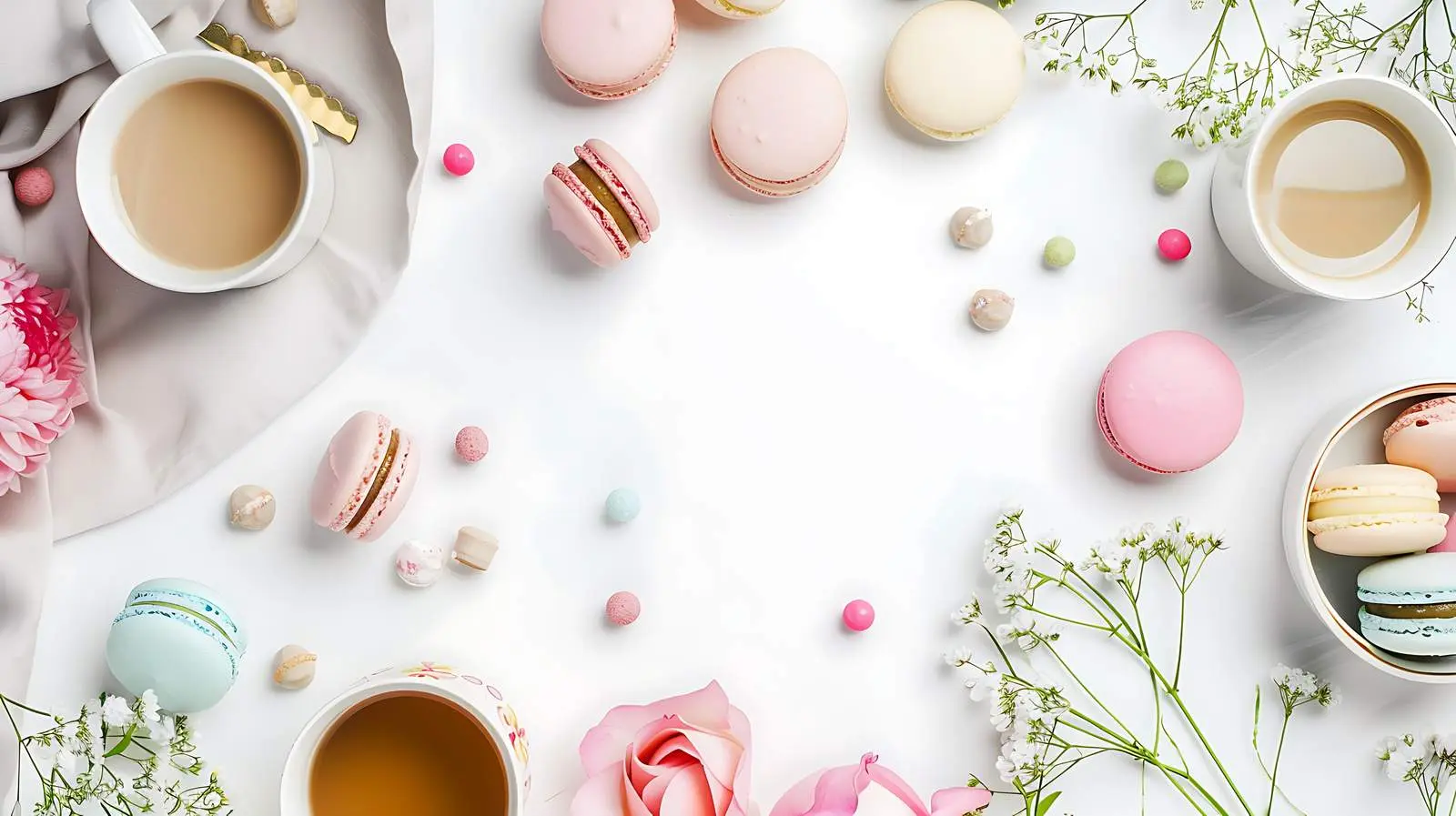 Feminine Flat Lay with Macaroons and Coffee Mug – free coffee image from Dotvec