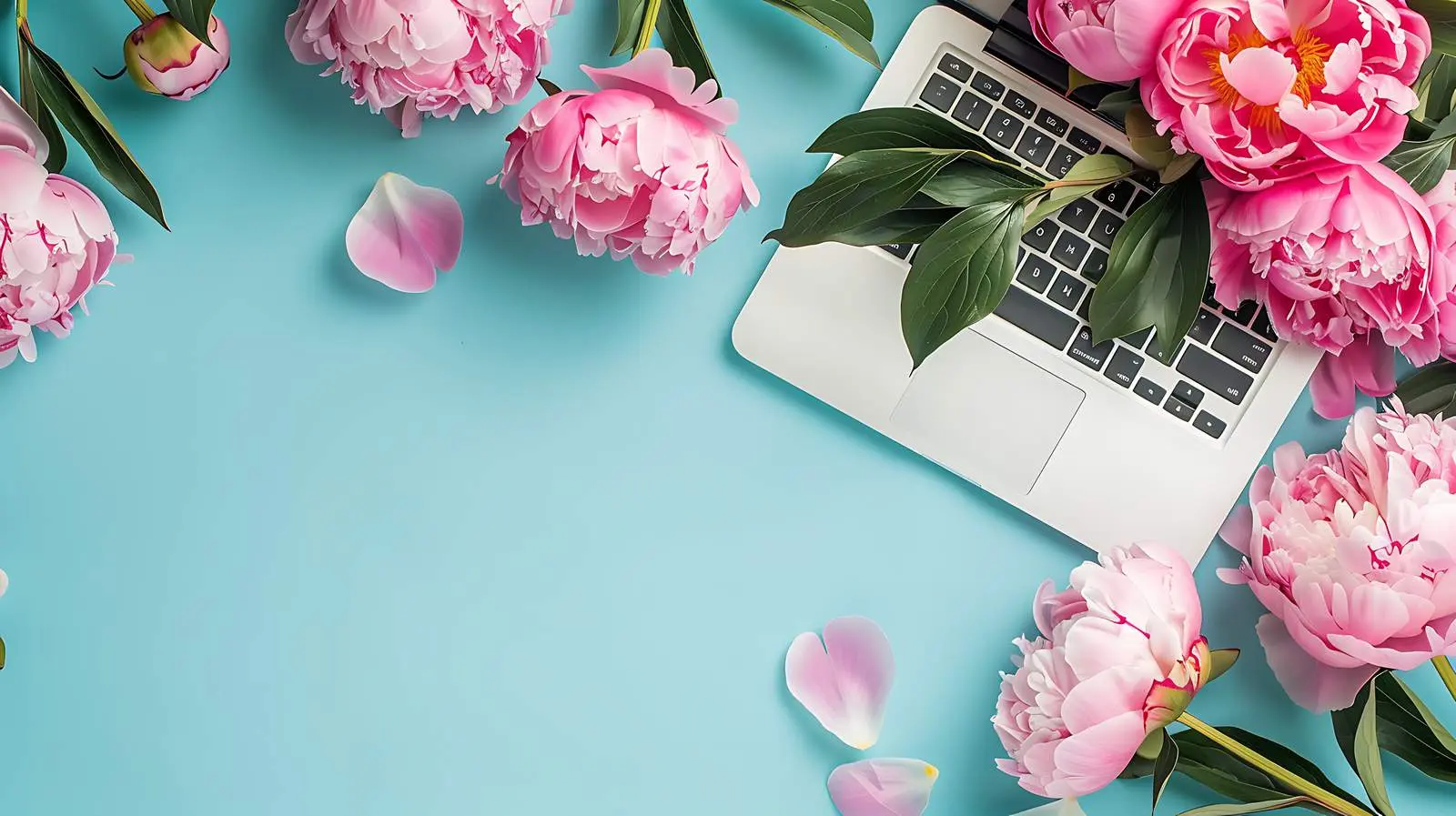 Stylish Workspace with Laptop and Peony – free free image from Dotvec