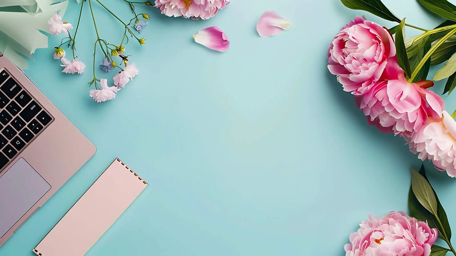 Stylish Office Workspace with Laptop and Peony – free peony flowers image from Dotvec