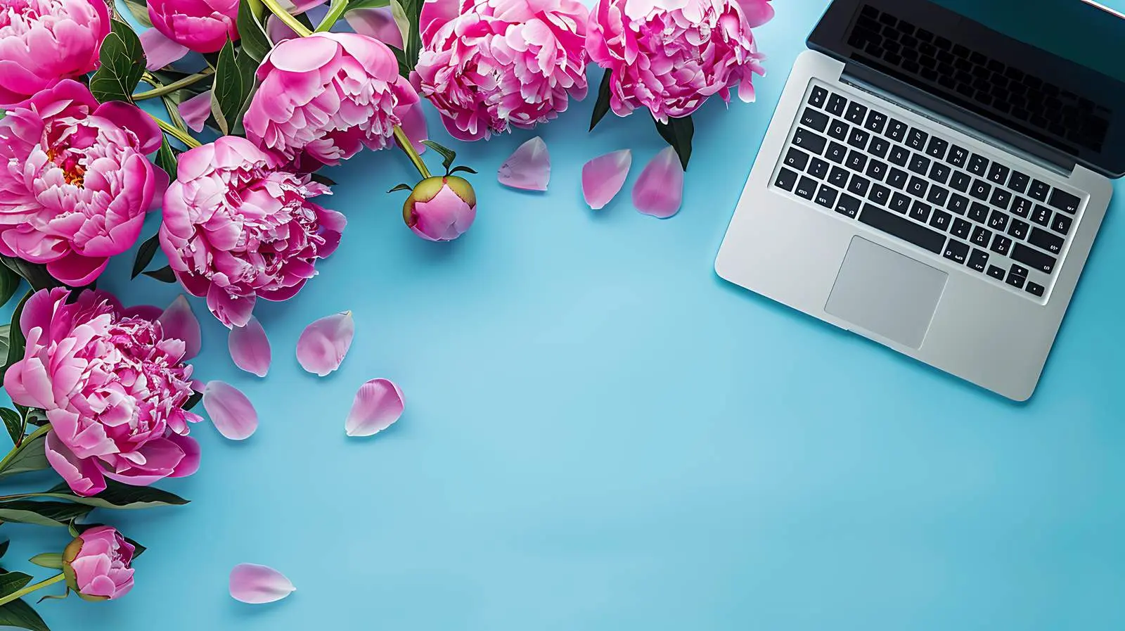 Flat Lay Office Workspace with Laptop and Peony – free stylish office image from Dotvec