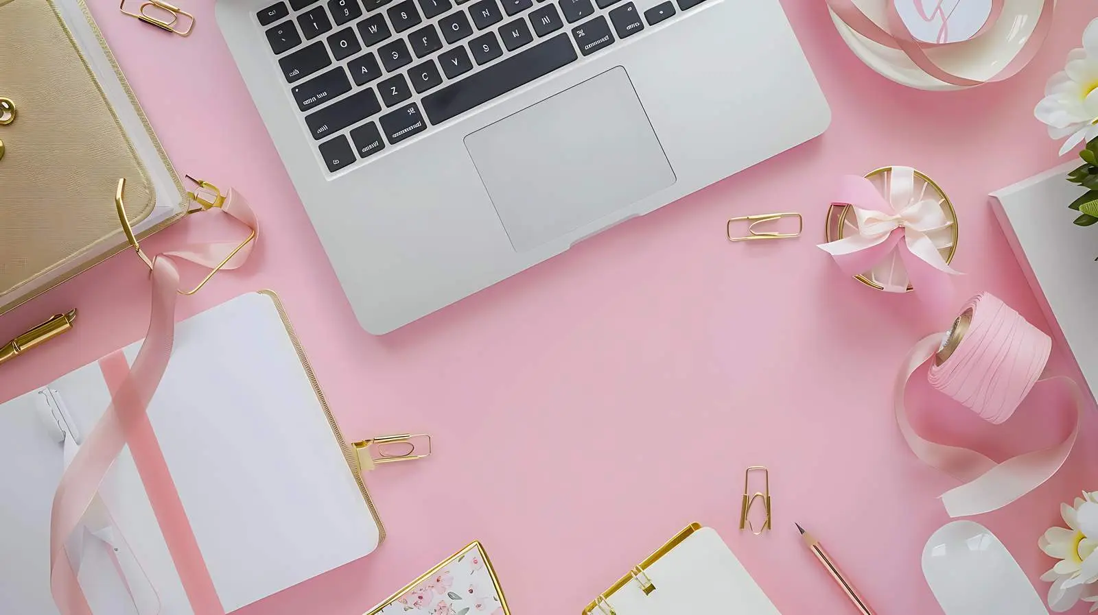 Feminine Desk Workspace Flat Lay Top View – free workspace ideas image from Dotvec