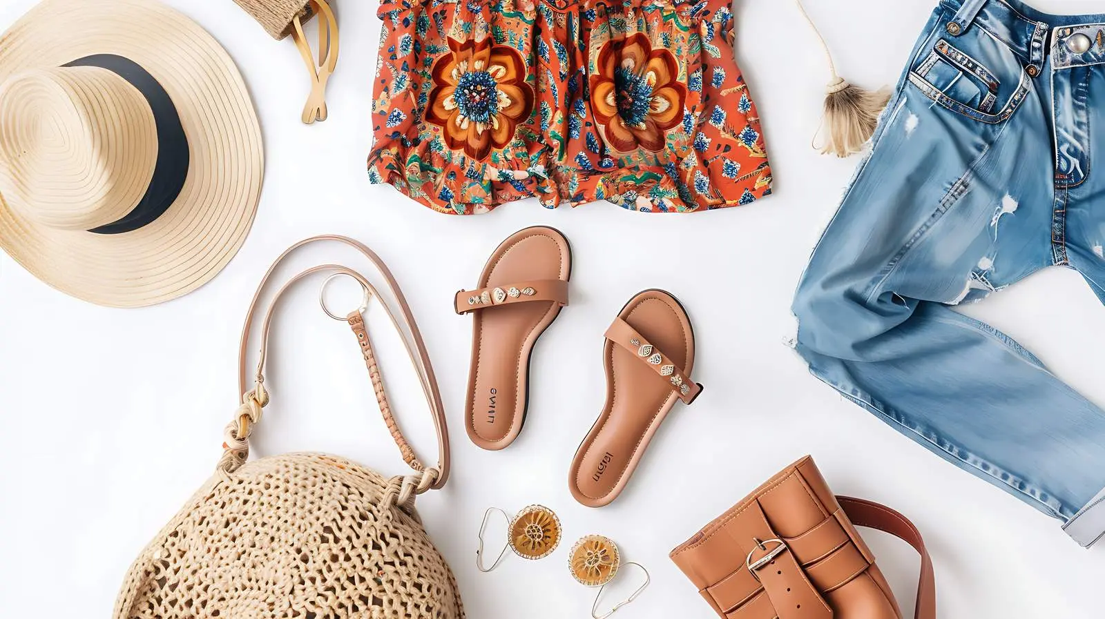 Boho Style Travel Fashion Flat Lay with Woman — free download from Dotvec