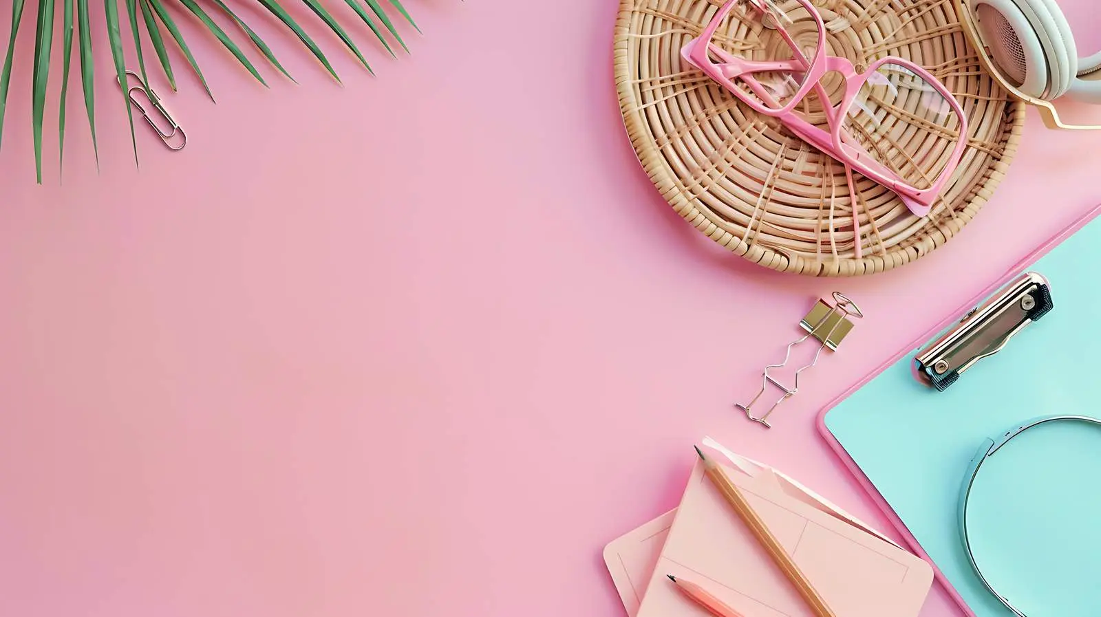 Flatlay of Clipboard Clips in Rattan Plate – free craft supplies image from Dotvec