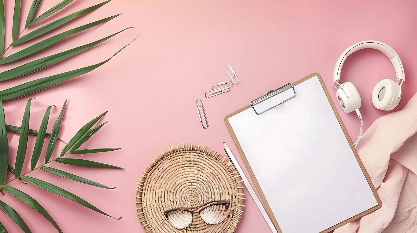 Rattan Plate with Clipboard Clips Flatlay – free mark image from Dotvec