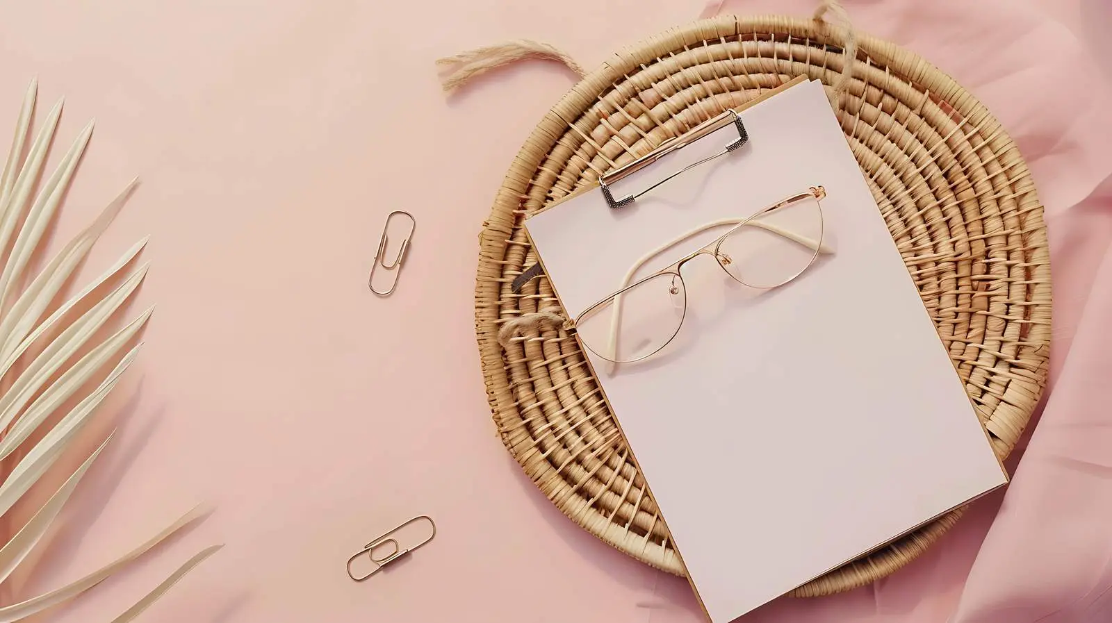 Clipboard and Glasses Flatlay with Rattan Accents – free tool image from Dotvec