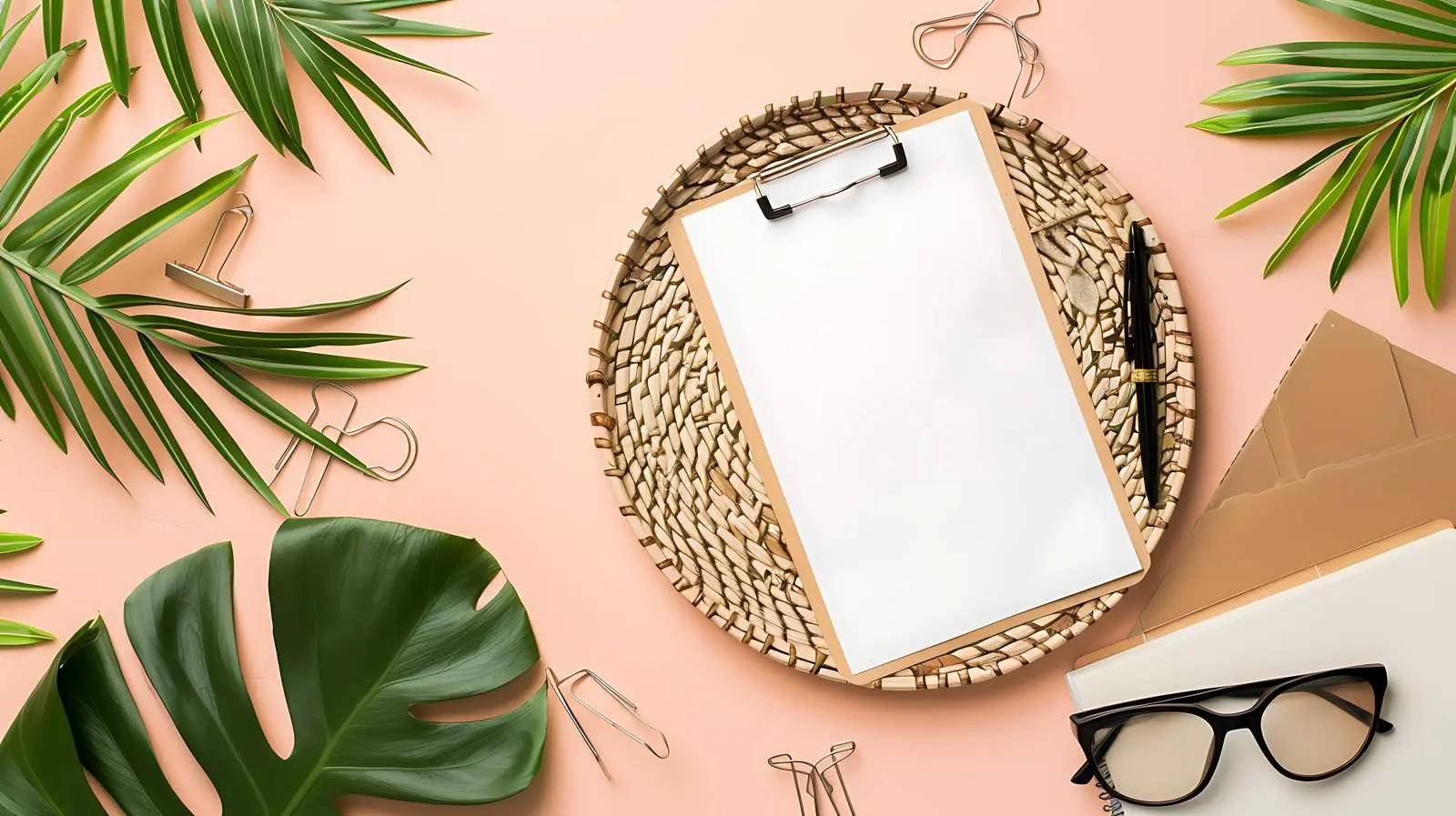 Flatlay of Clipboard and Glasses on Rattan — free download from Dotvec