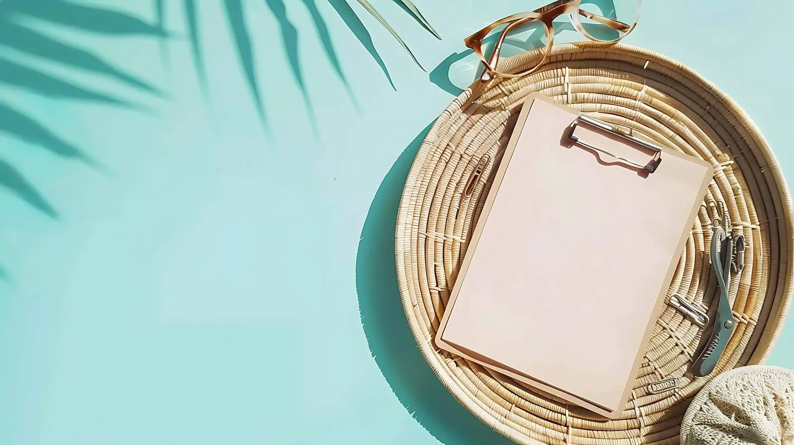 Flatlay of Clipboard and Glasses on Rattan – free mark image from Dotvec