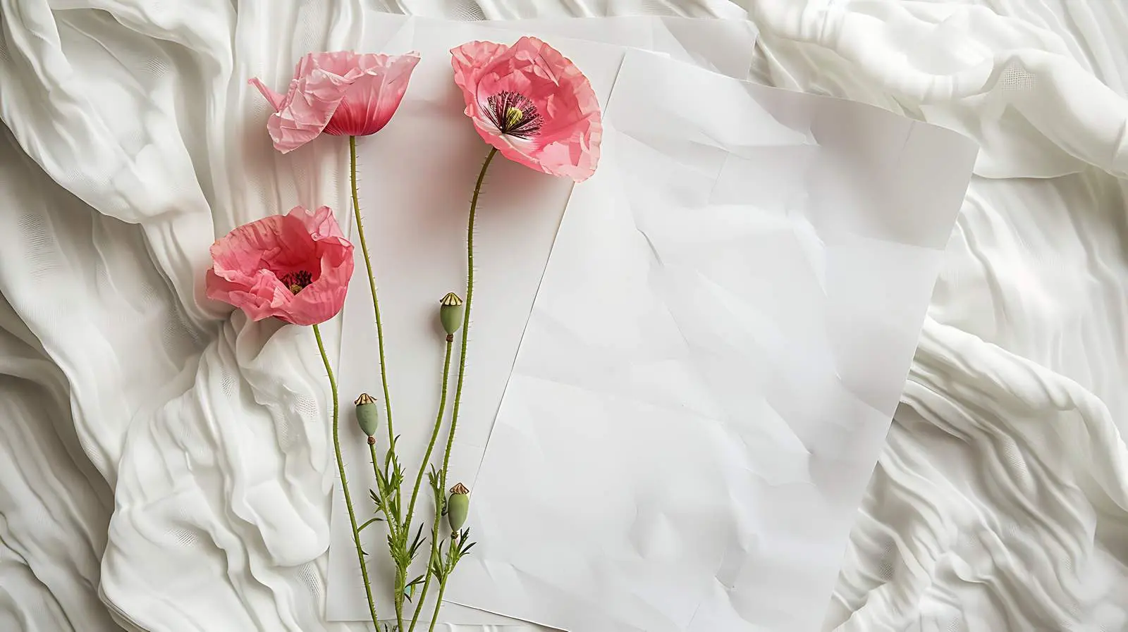 Flatlay of Blank Paper and Pink Poppy Flower — free download from Dotvec