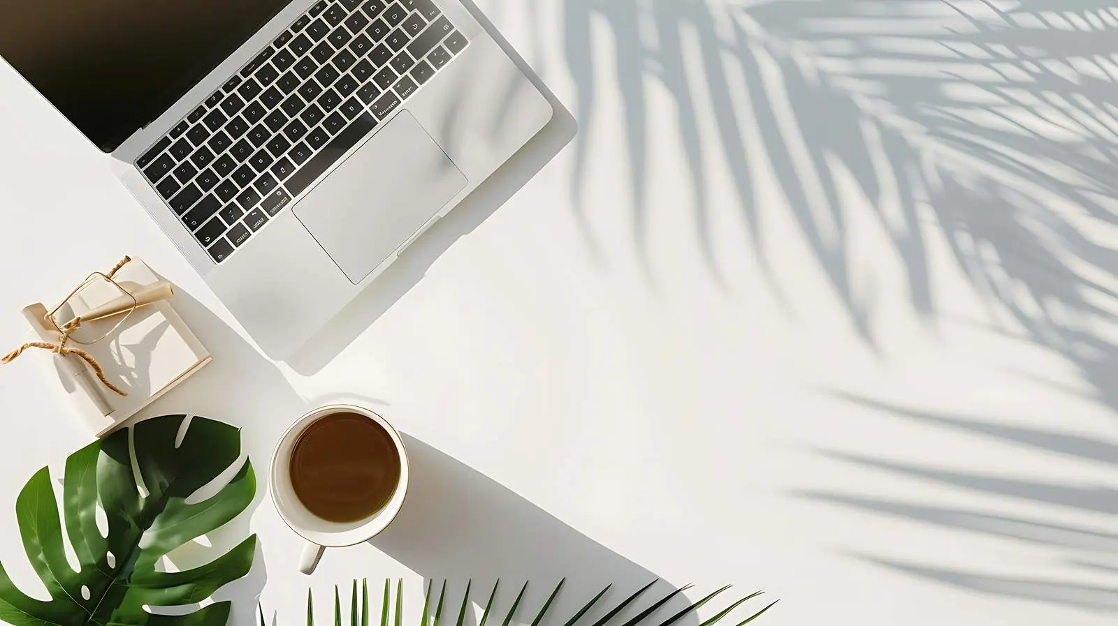 Flatlay of Laptop with Gentle Sunlight Shadows – free shadow image from Dotvec