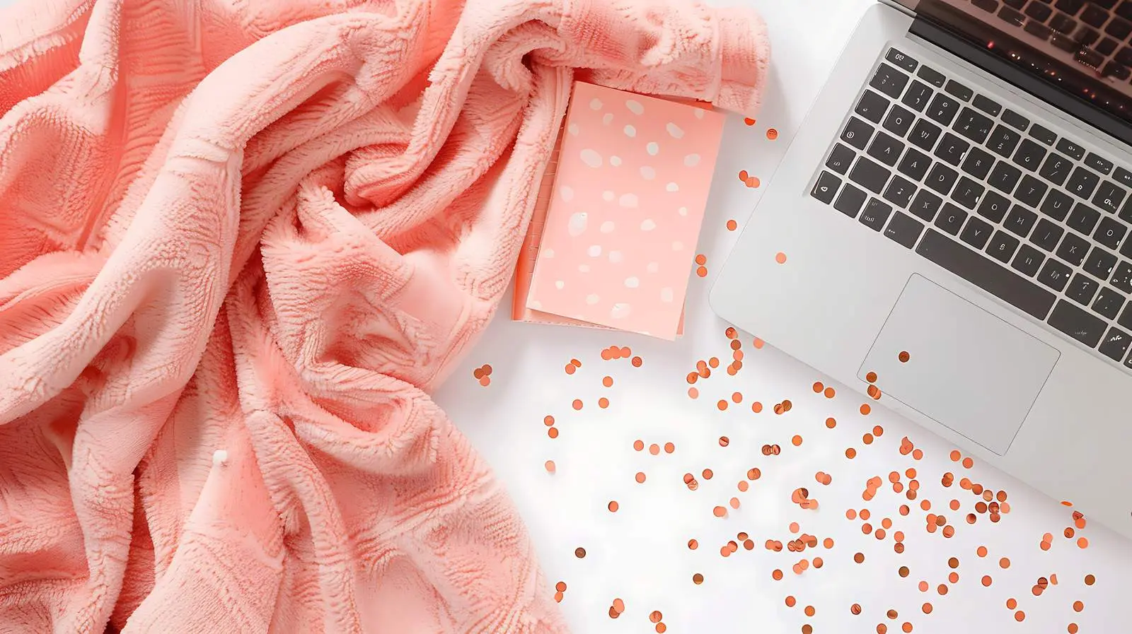 Elegant Salmon Flatlay with Laptop and Notebook — free download from Dotvec