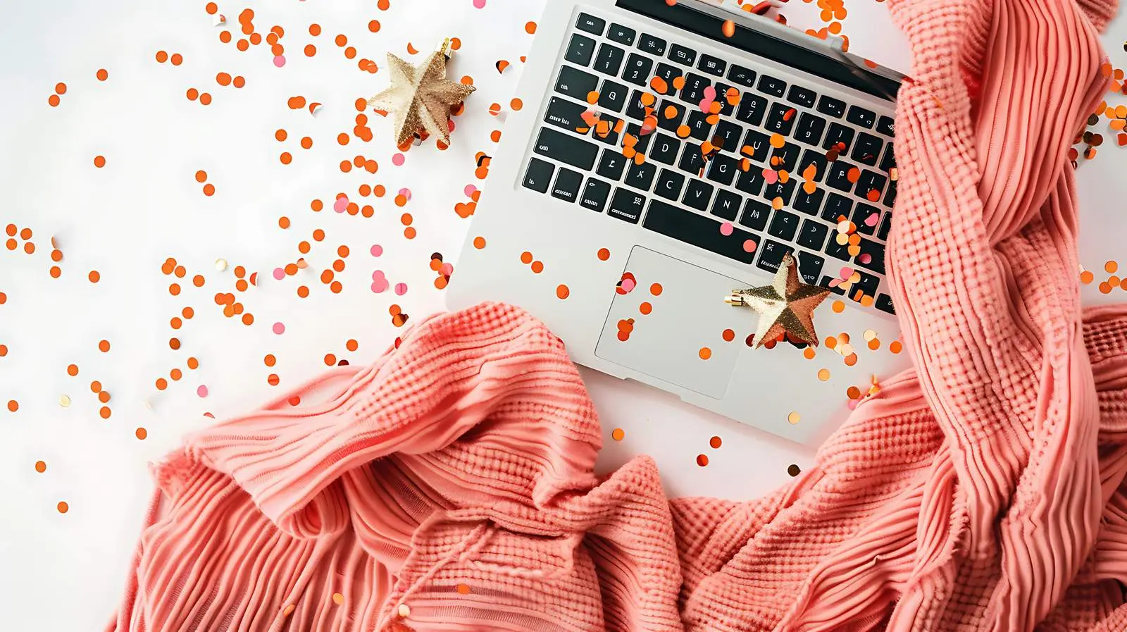 Elegant Laptop Flatlay on Salmon Blanket — free download from Dotvec