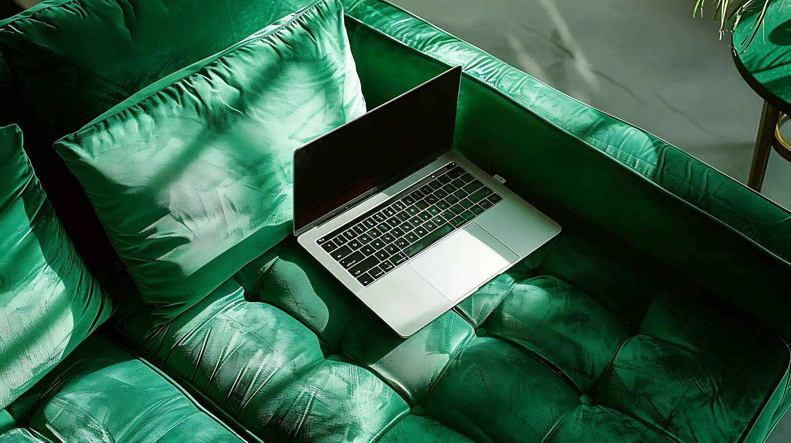 Laptop Flatlay on Green Velour Sofa — free download from Dotvec