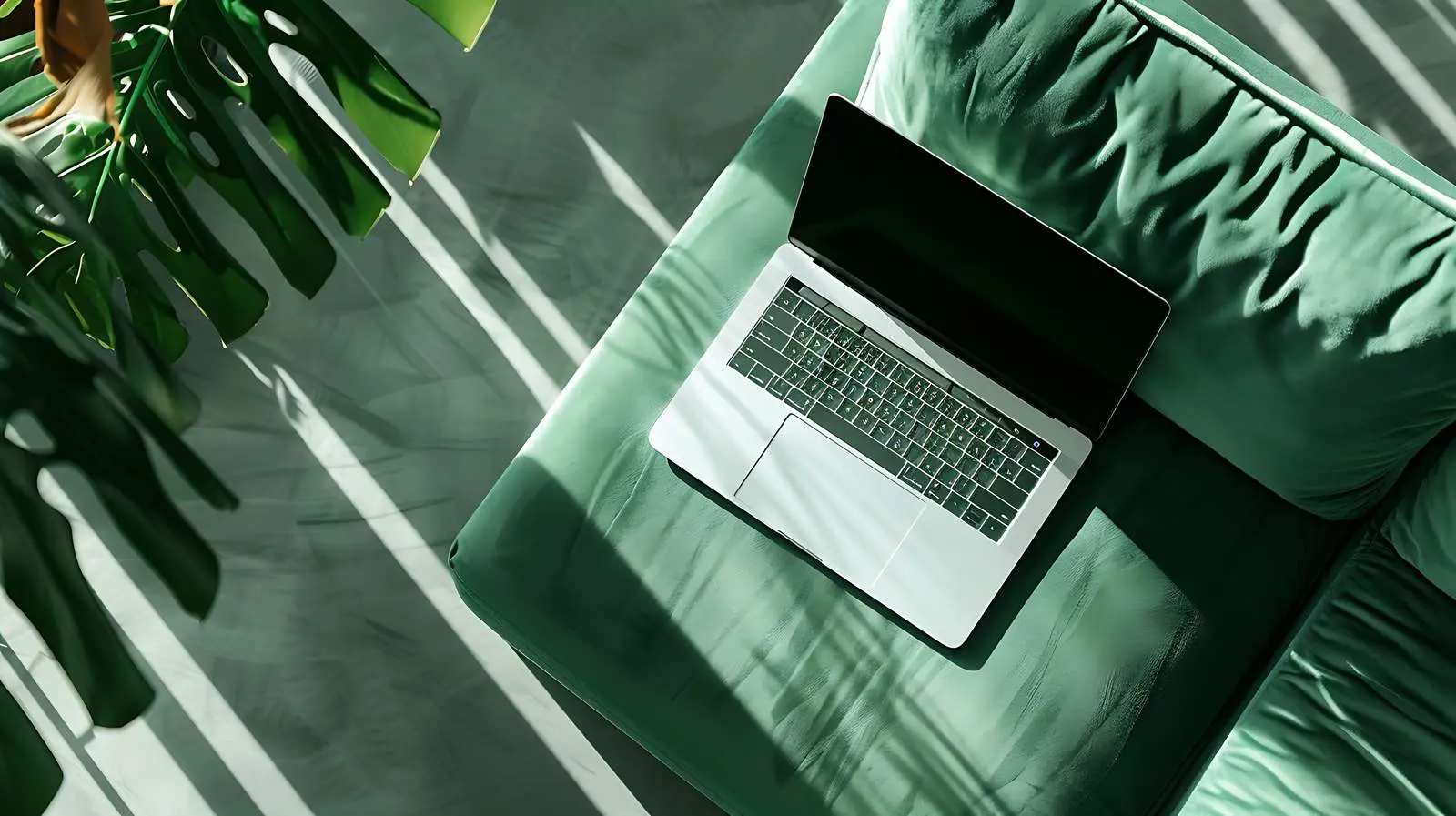 Stylish Laptop on Green Velour Sofa – free warm colors image from Dotvec