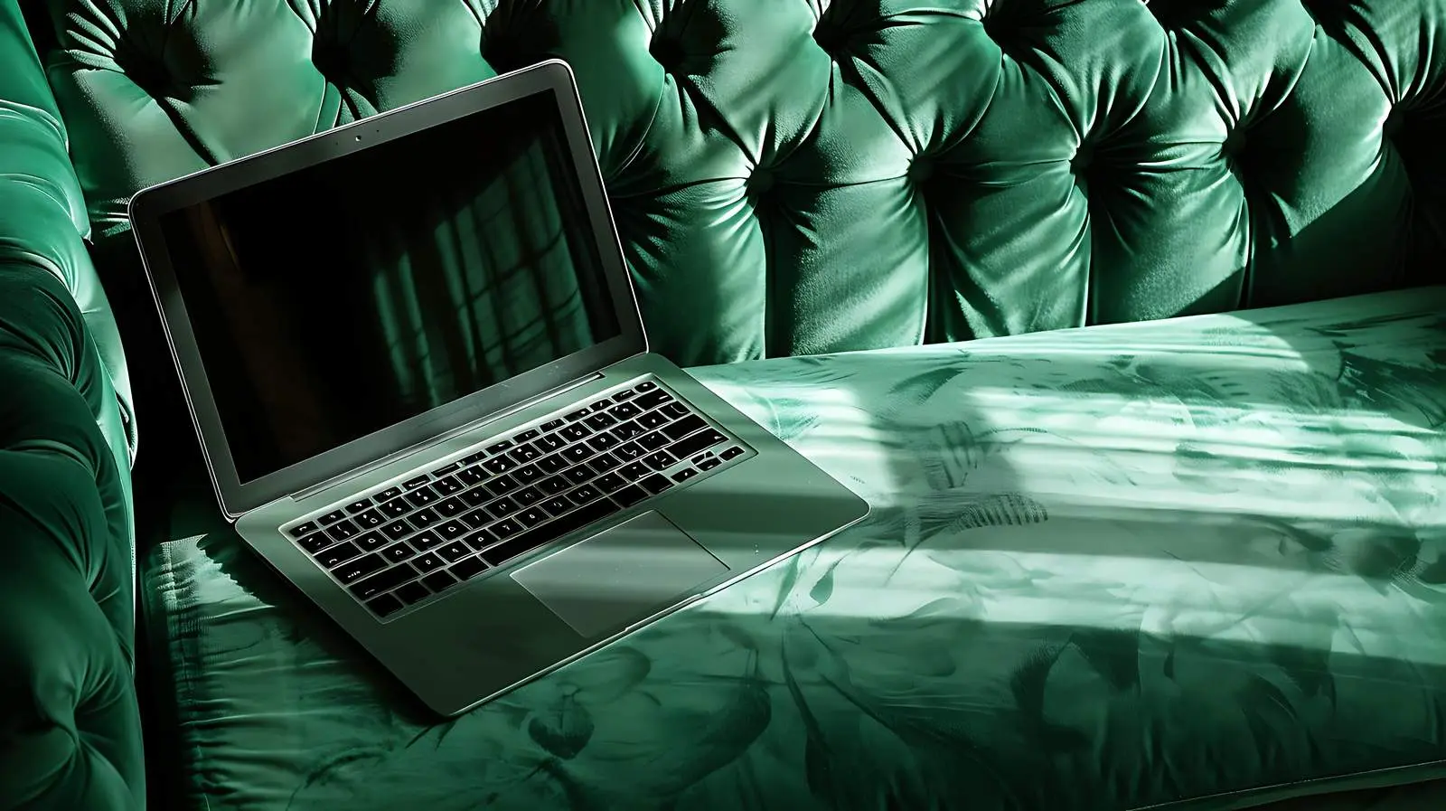 Laptop on Green Velour Sofa Flatlay Photography — free download from Dotvec