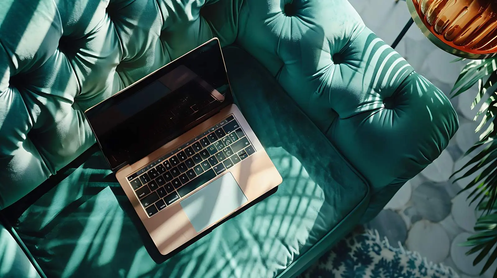 Laptop Flatlay on Green Velour Sofa – free person image from Dotvec
