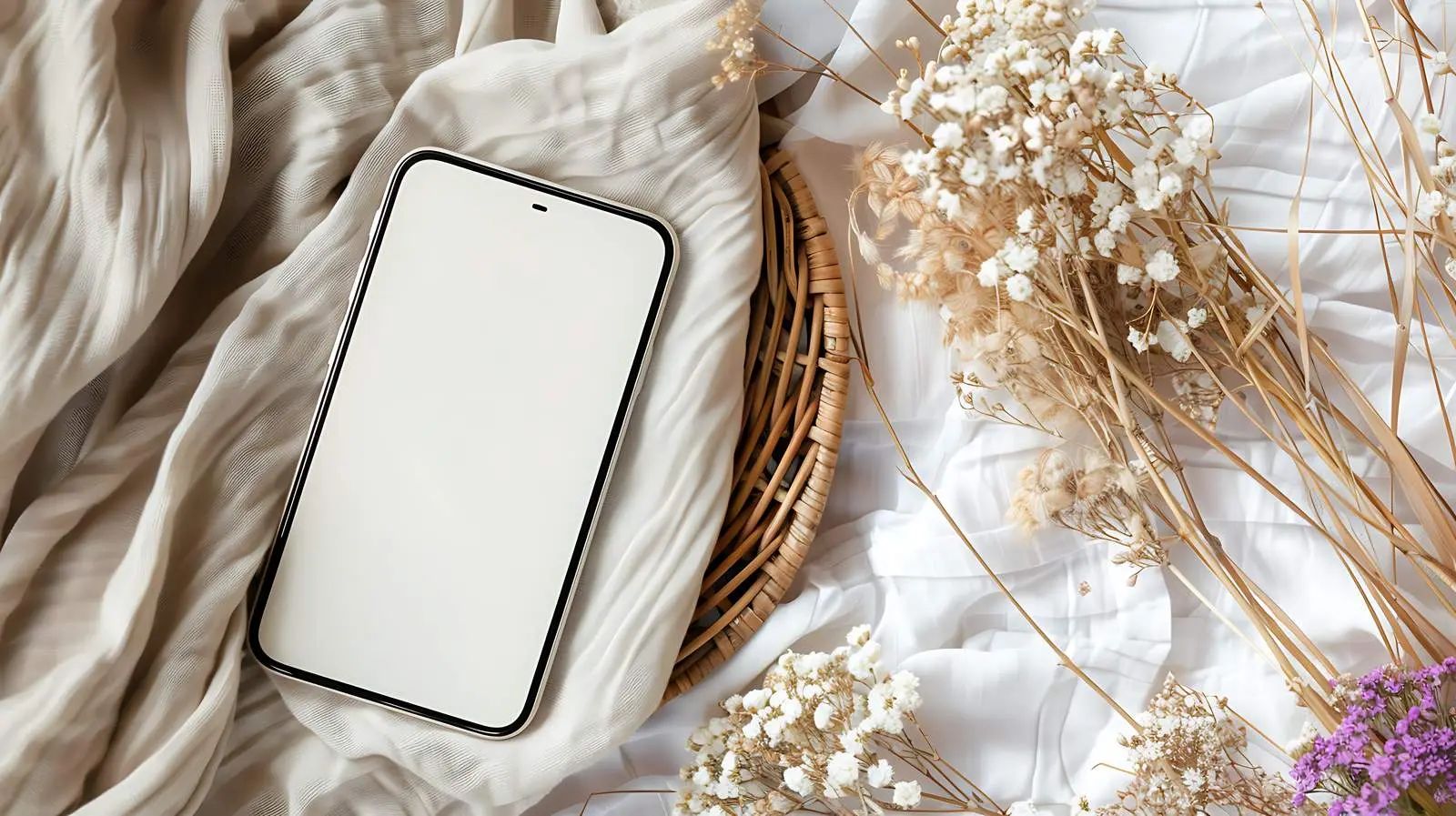 Flatlay of Mobile Phone with Dried Flowers — free download from Dotvec