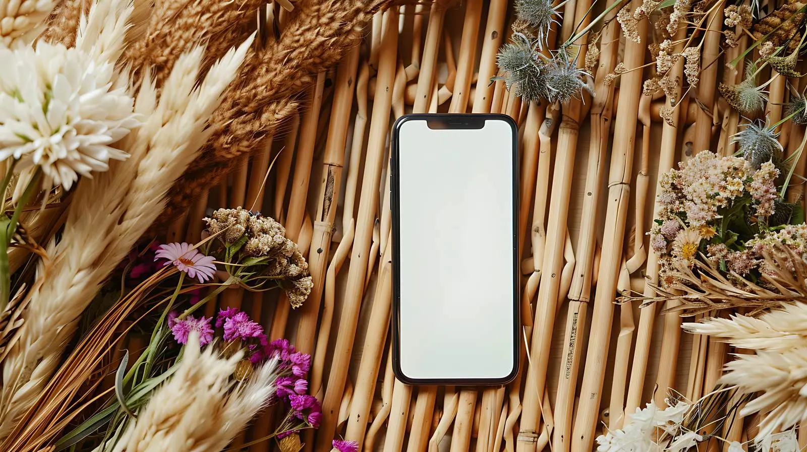 Flatlay with Mobile Phone and Dried Flowers — free download from Dotvec