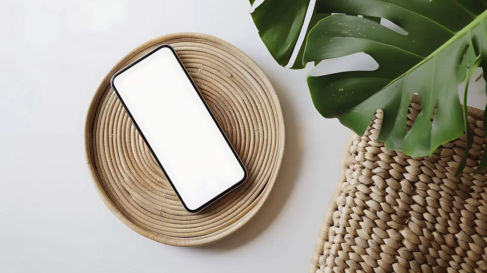Flatlay of Mobile Phone on Rattan Table — free download from Dotvec