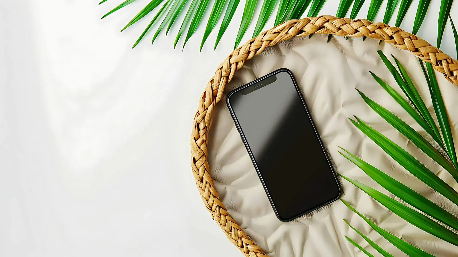 Elegant Flatlay of Mobile Phone on Rattan Table — free download from Dotvec