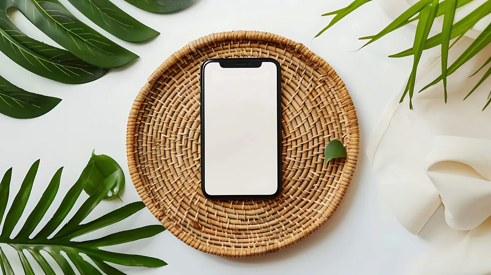 Elegant Flatlay of Mobile Phone on Rattan Table — free download from Dotvec