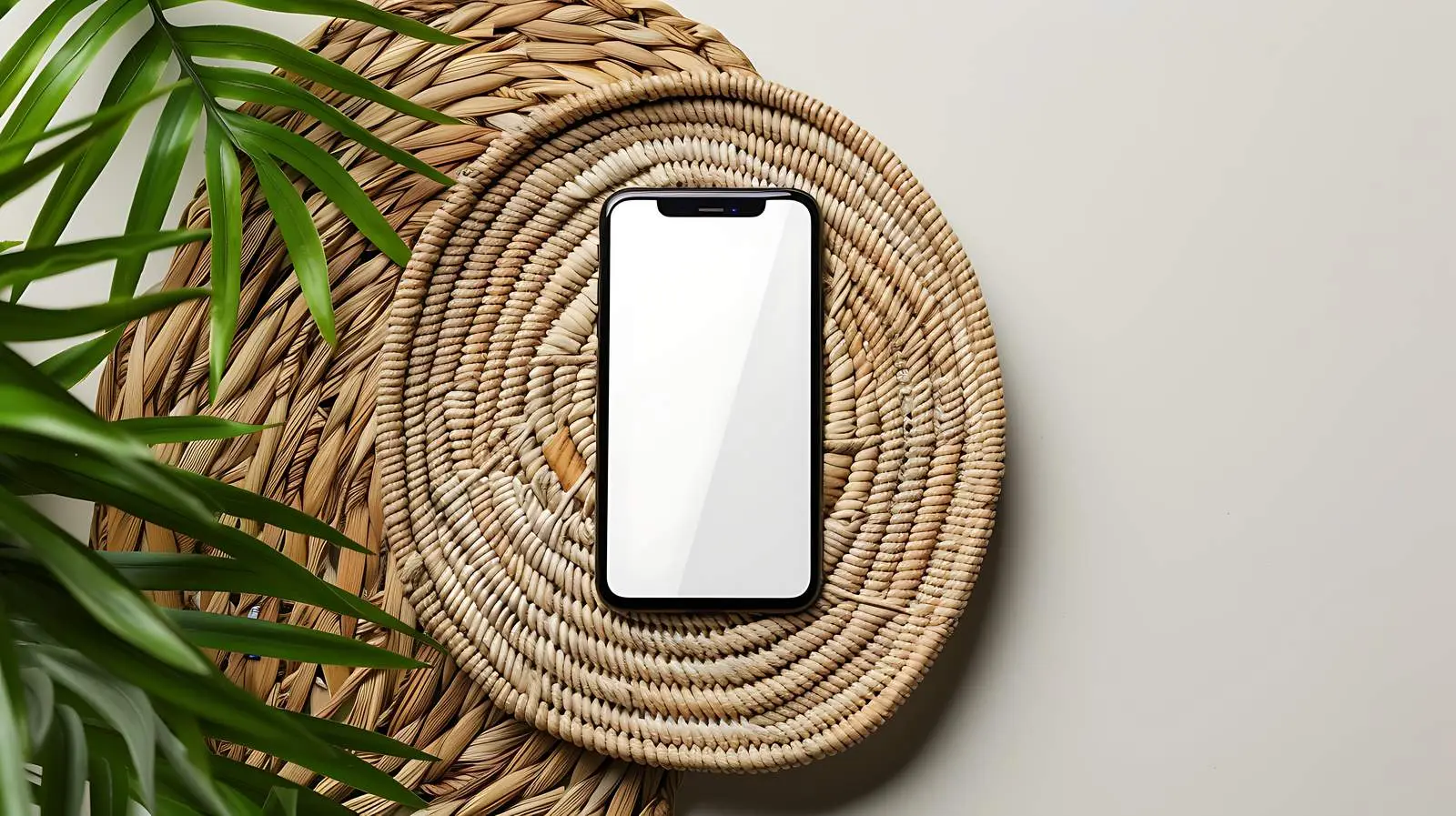 Flatlay of Mobile Phone on Rattan Table — free download from Dotvec