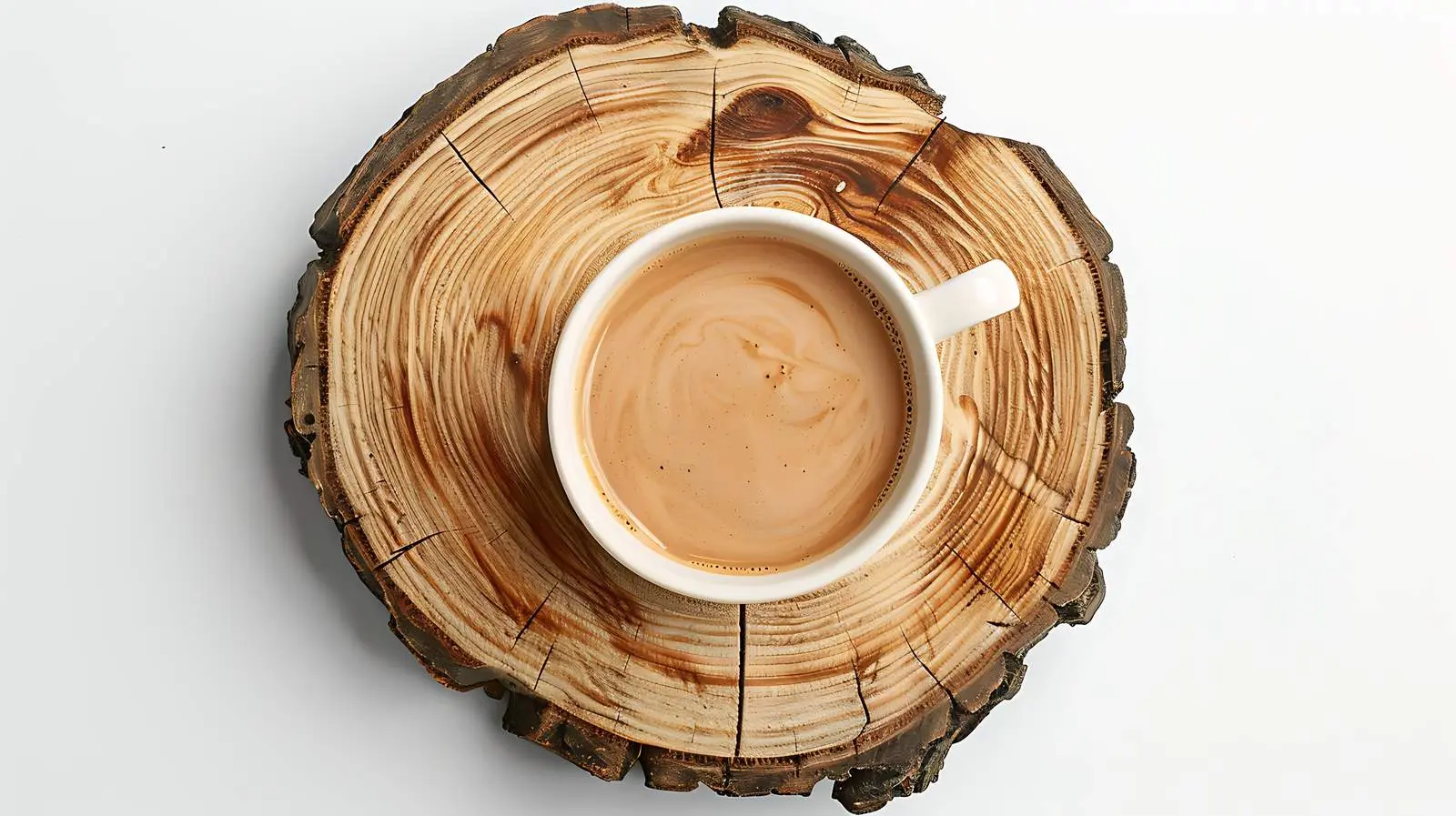 Coffee Mug with Milk on Wood Stump Flatlay – free scenery image from Dotvec