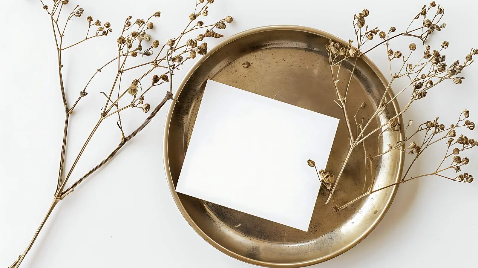 Flatlay of Blank Paper Card on Brass Plate — free download from Dotvec