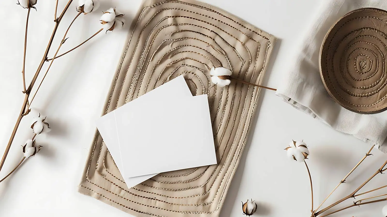 Flat Lay of Blank Paper Cards with Cotton Stalk — free download from Dotvec