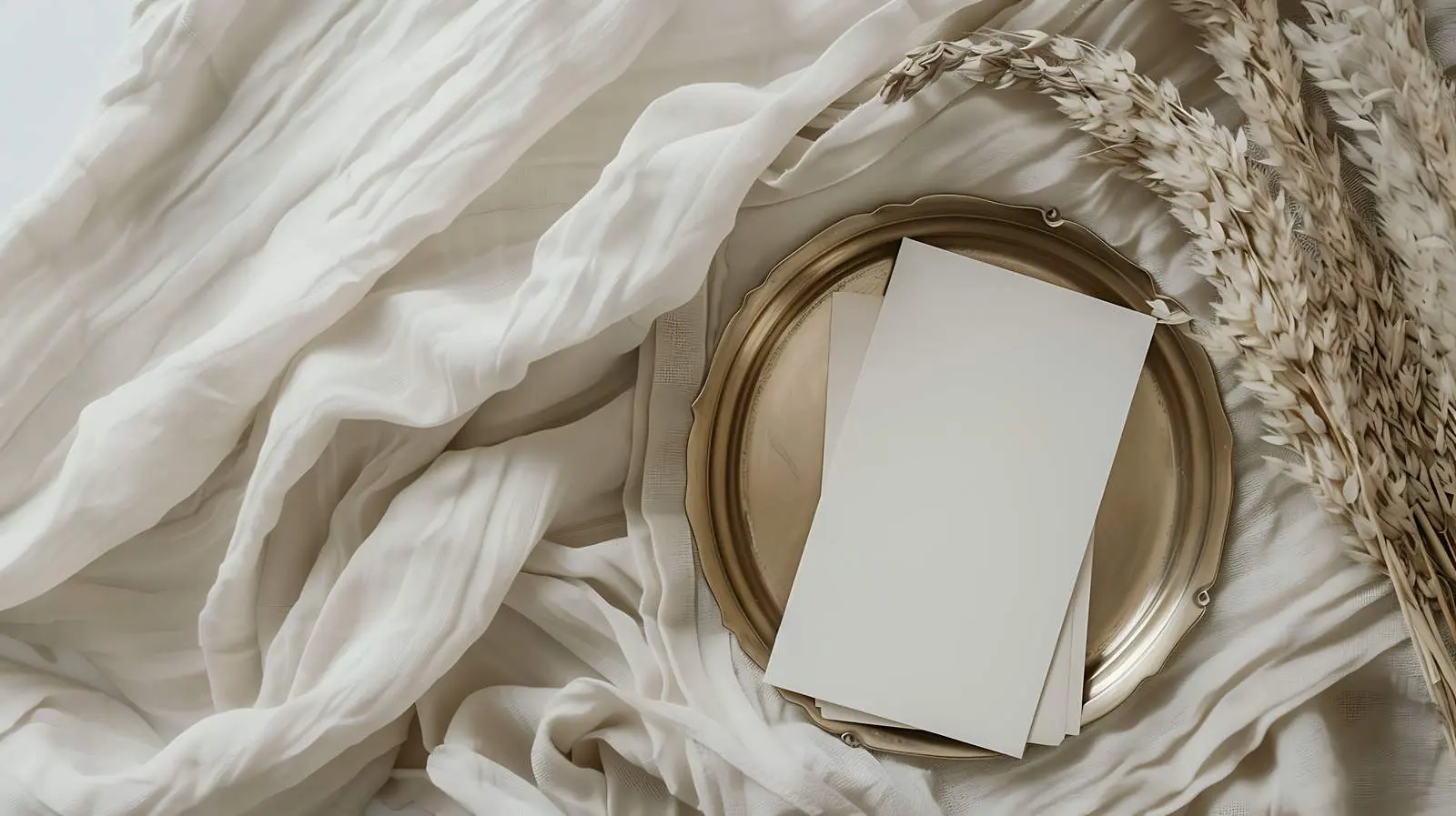 Flatlay of Blank Paper Cards with Brass Dish — free download from Dotvec