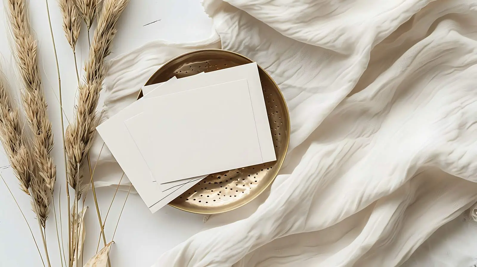 Flatlay of Blank Paper Cards on Brass Dish – free creative styling image from Dotvec