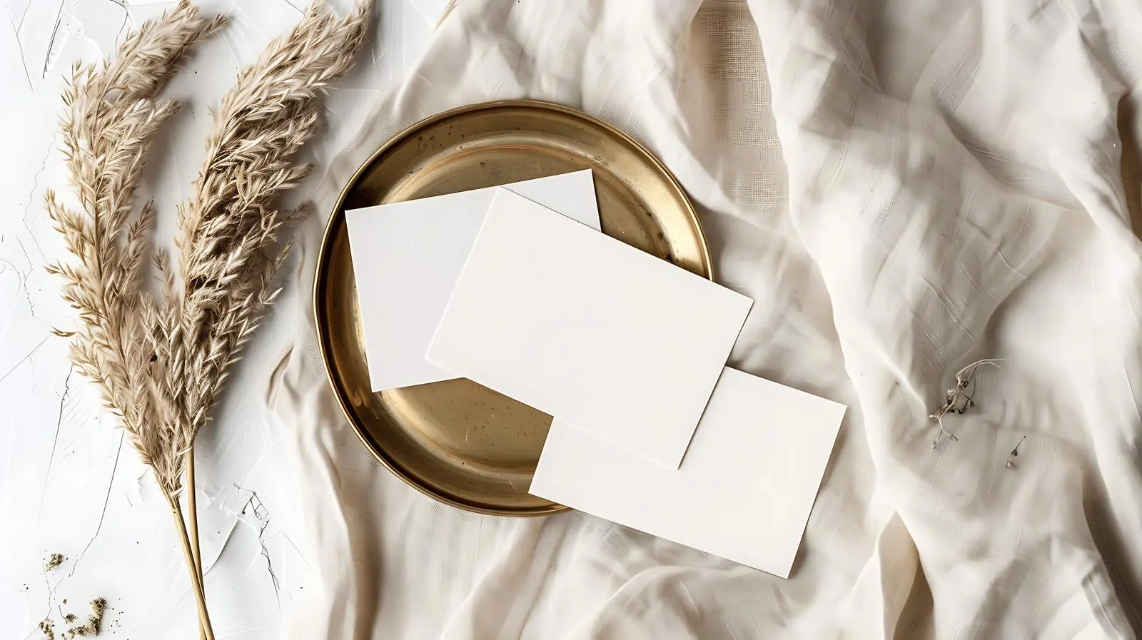 Flatlay of Blank Cards with Brass Dish and Pampas Grass — free download from Dotvec