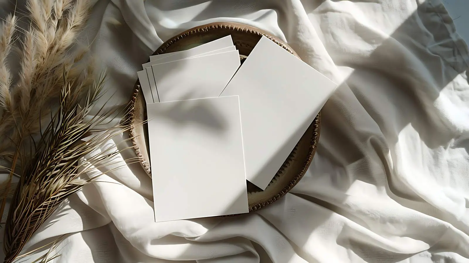 Flatlay of Blank Cards and Pampas Grass – free blank card image from Dotvec