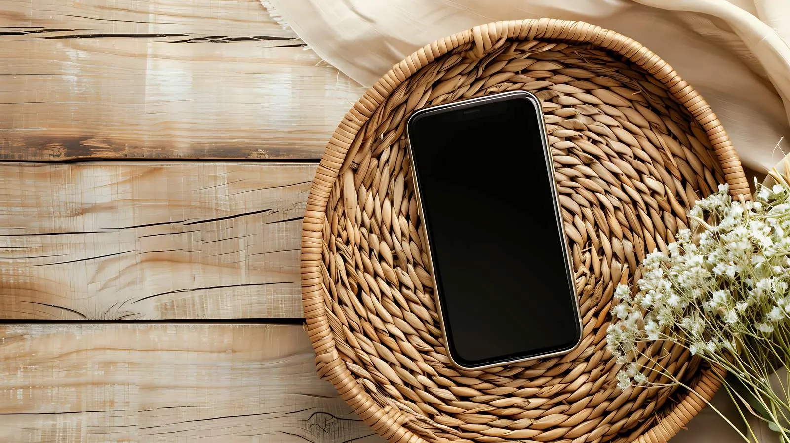 Flatlay of Cell Phone and Rattan Casket – free tool image from Dotvec
