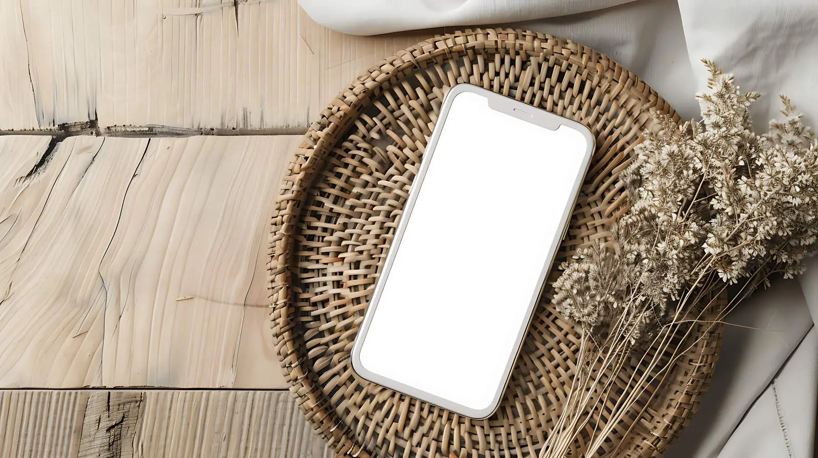 Cell Phone and Rattan Casket Flatlay on Wood – free face image from Dotvec