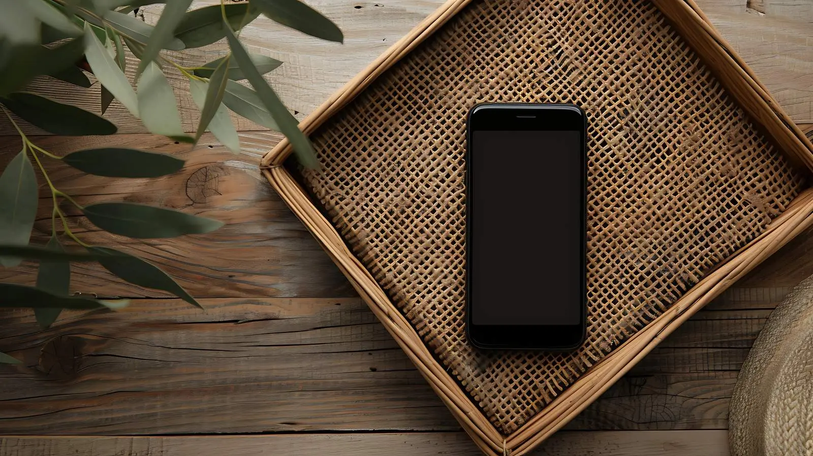 Cell Phone and Rattan Casket Flatlay on Wood – free office image from Dotvec