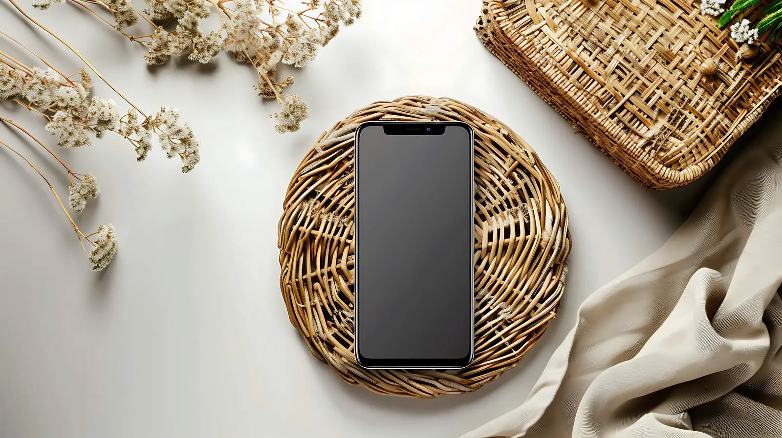 Cell Phone and Rattan Casket Flatlay on Wood – free office image from Dotvec