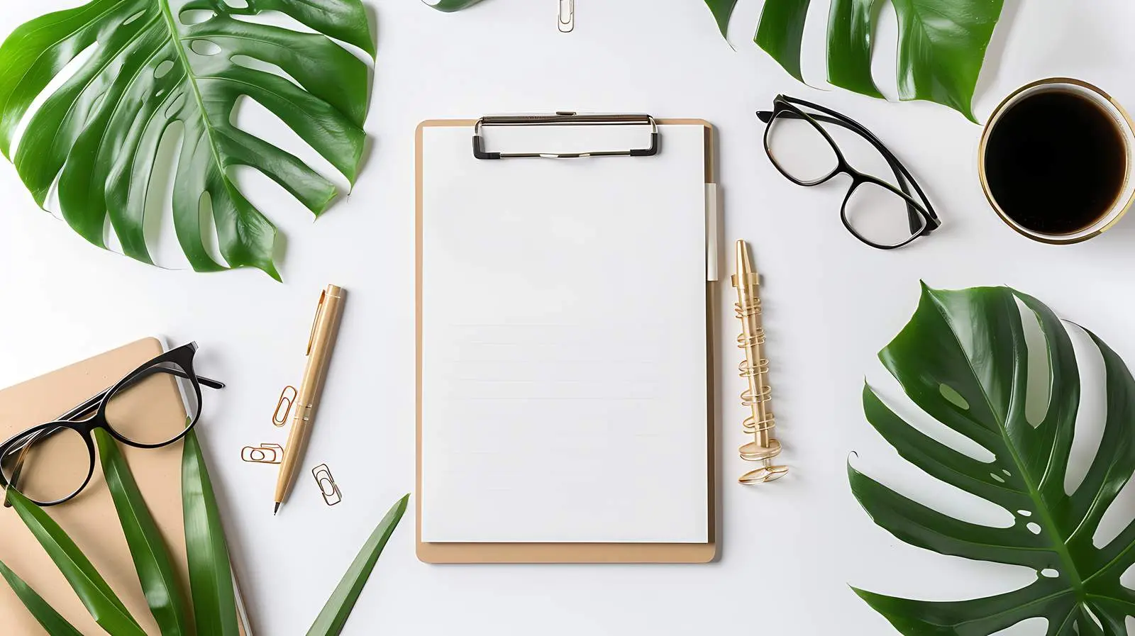Flatlay of Tan Clipboard with Blank Paper Space – free office image from Dotvec