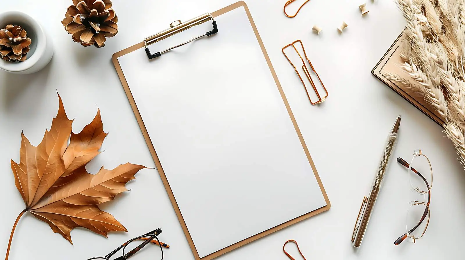 Flatlay of Tan Clipboard with Blank Paper – free office image from Dotvec