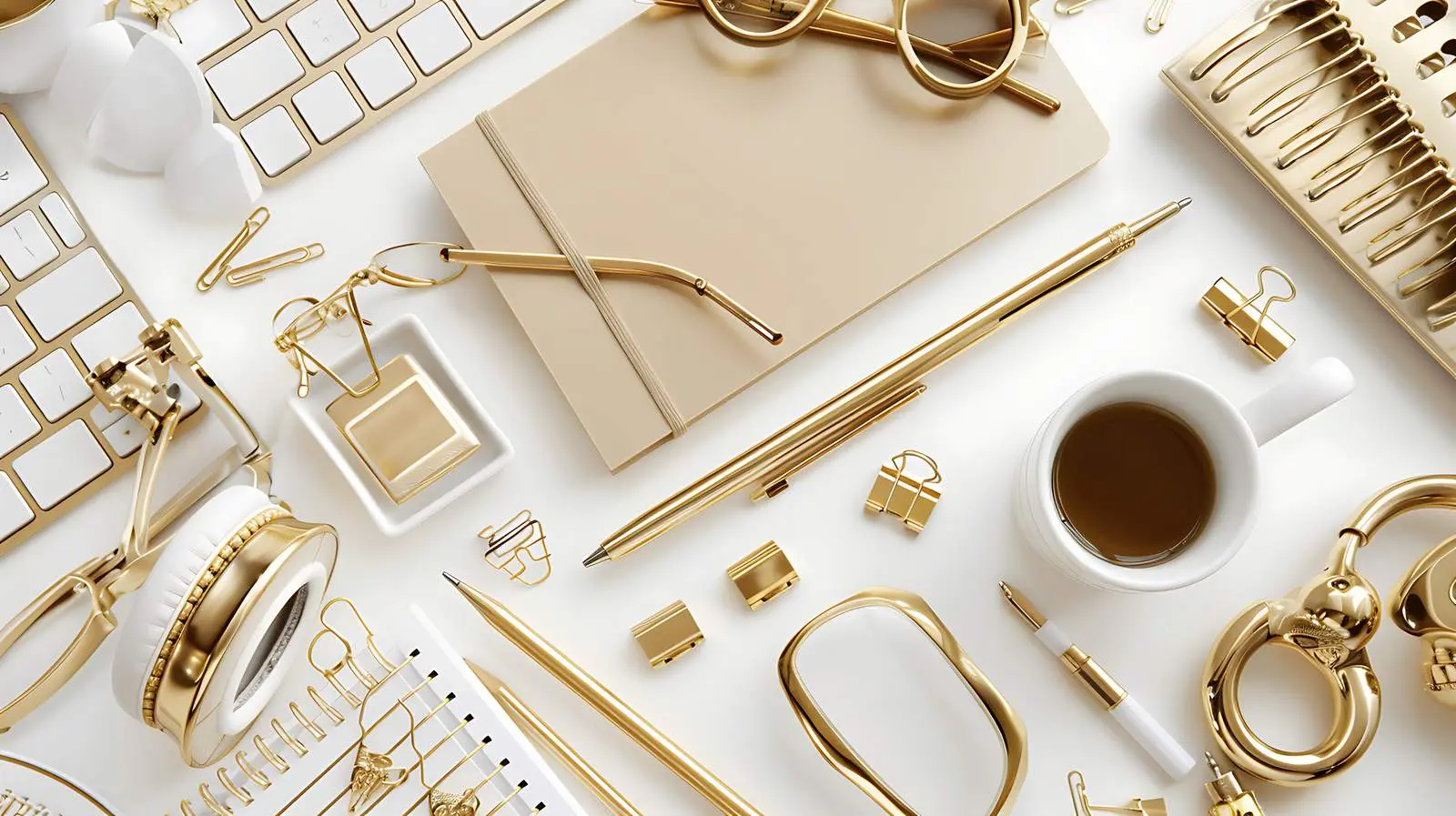 Gold Female Accessories and Office Essentials Flatlay — free download from Dotvec
