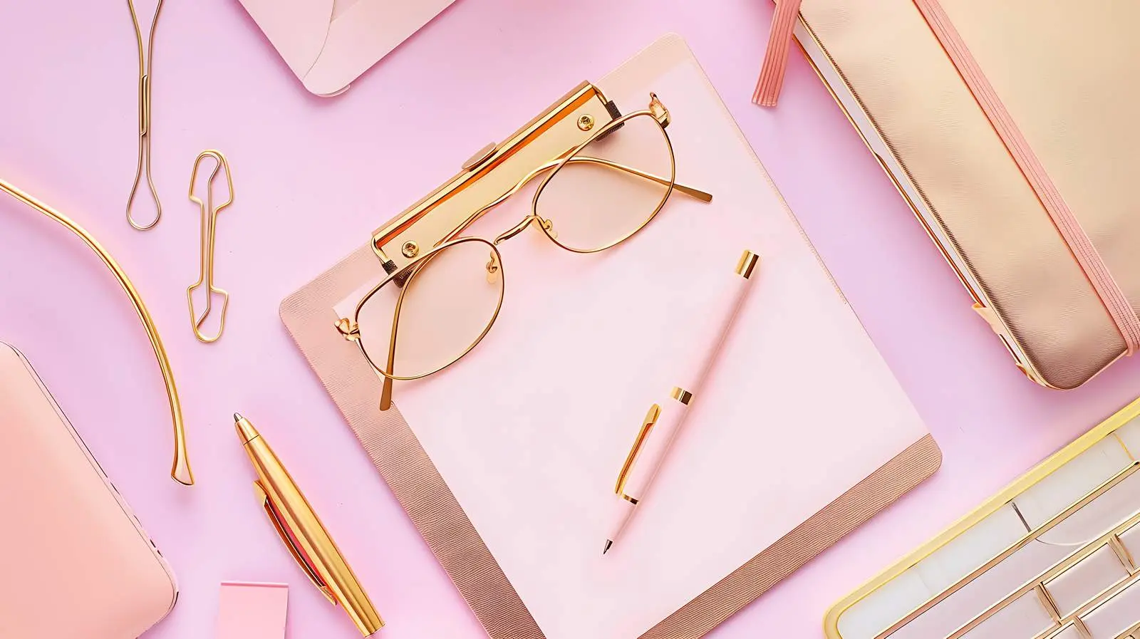 Gold Female Accessories and Office Items Flatlay — free download from Dotvec