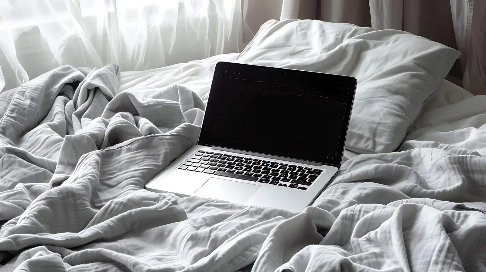 Laptop Flatlay in Bed with Grey Bedding — free download from Dotvec