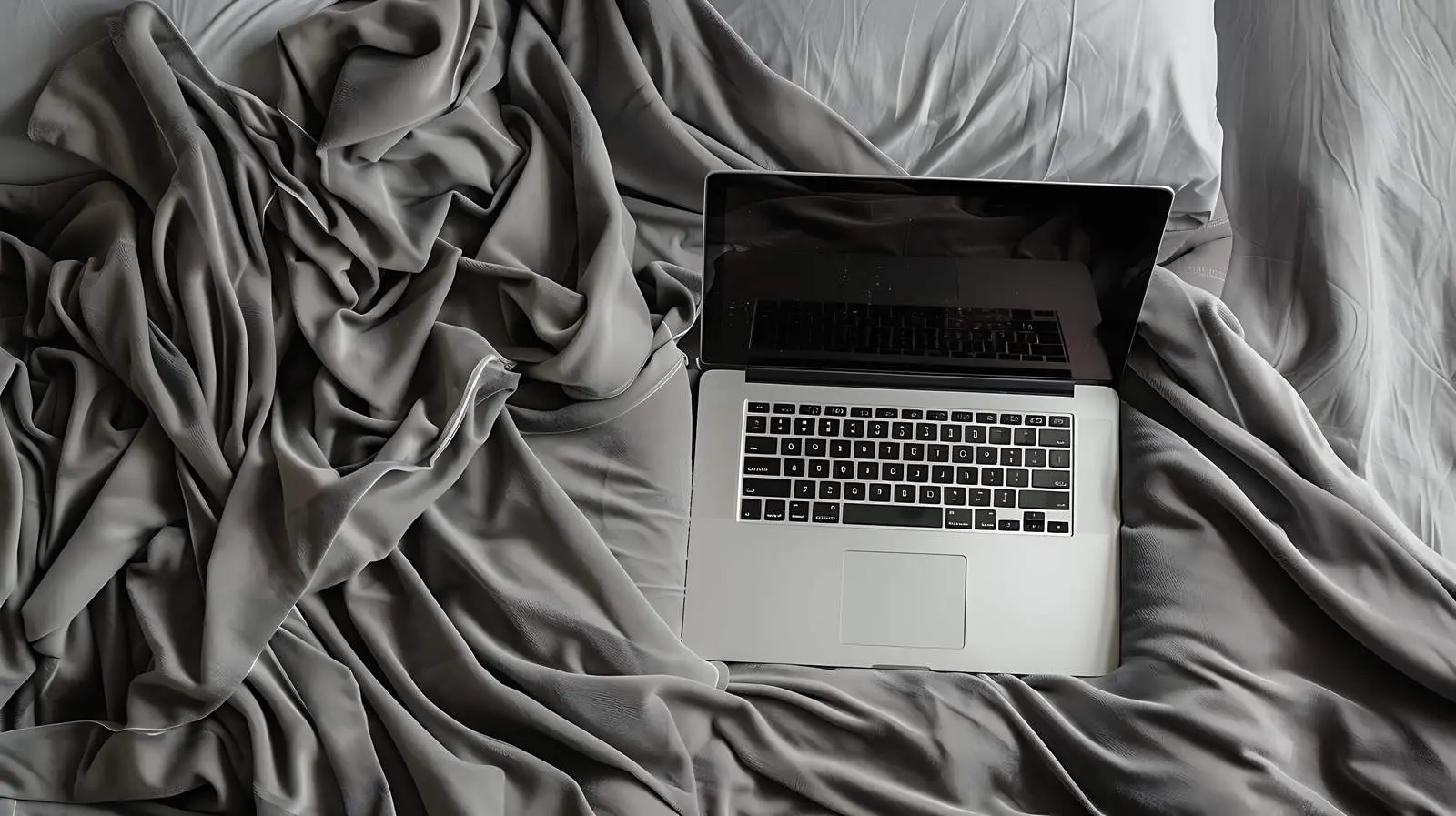Laptop Flatlay in Bed with Crumpled Sheets — free download from Dotvec